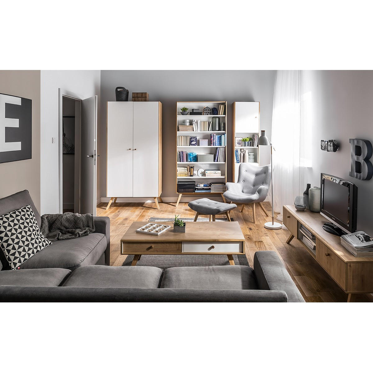 KLEIDERSCHRANK mit 2 Türen, Kleiderstange und 7 Fächern, 101 cm breit - NATURE - Weiß, Holzwerkstoff (58/207.5/101cm) - Calicosy