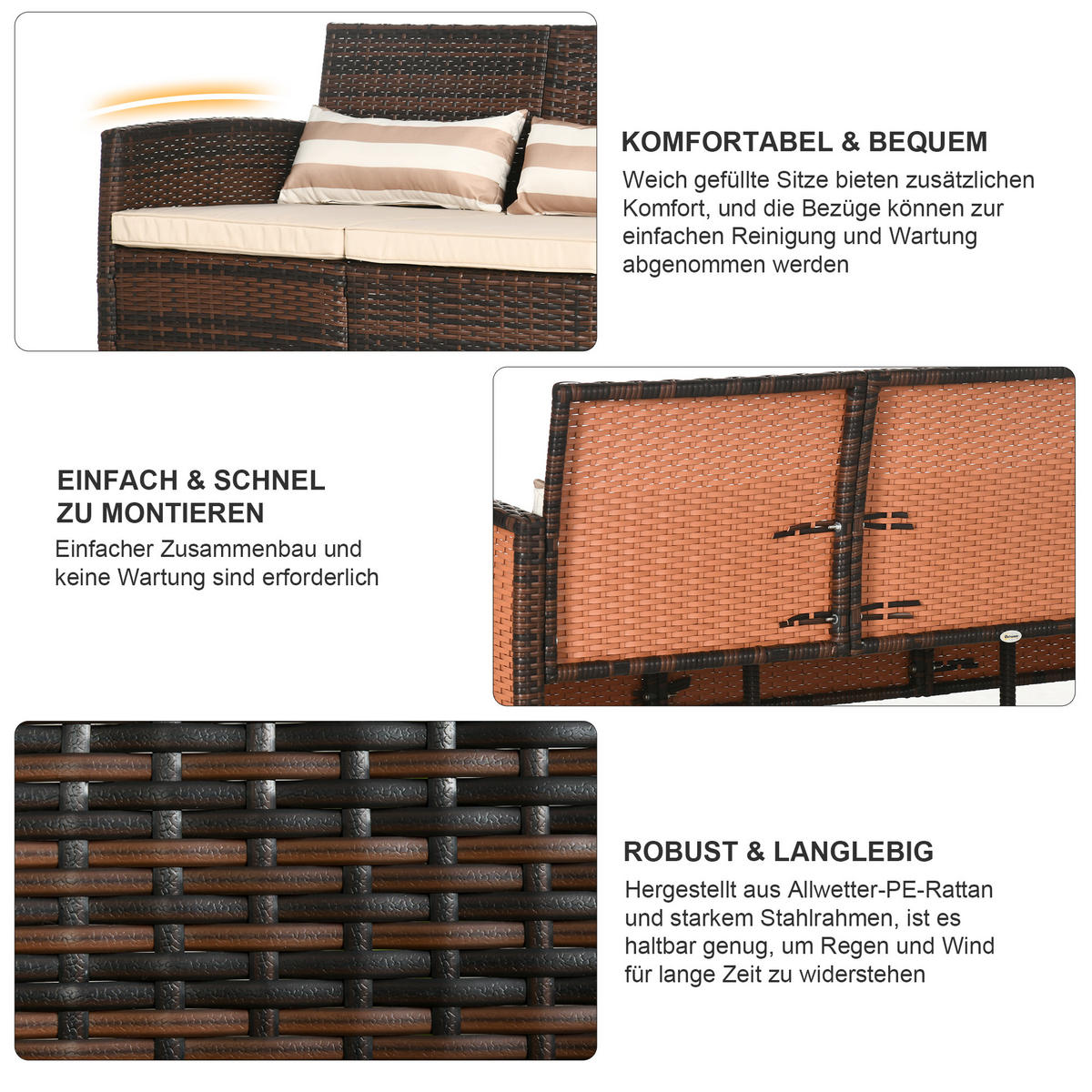 RATTAN Sofa mit Kissen, Dreisitzer, Garten Loungesofa, Stahl, Braun - Braun, Metall (68/78/173cm) - Outsunny