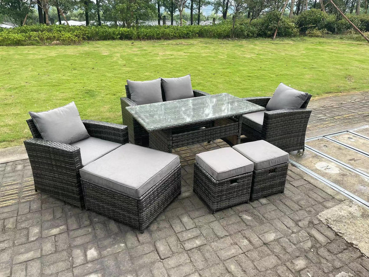 GARTENMÖBELGARNITUR Polyrattan Dunkelgrau 7-Sitzer - Dunkelgrau/Grau, Glas/Kunststoff - Fimous
