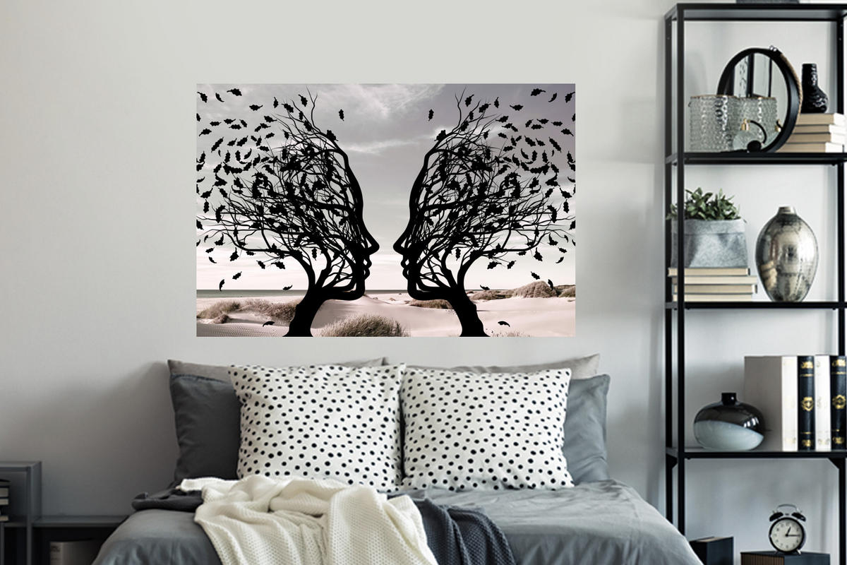 WANDTATTOO Strand - Meer - Menschen - Baum - Moderne Kunst 120x80 cm - Hellgrau, Kunststoff (120/80/0.1cm) - MuchoWow