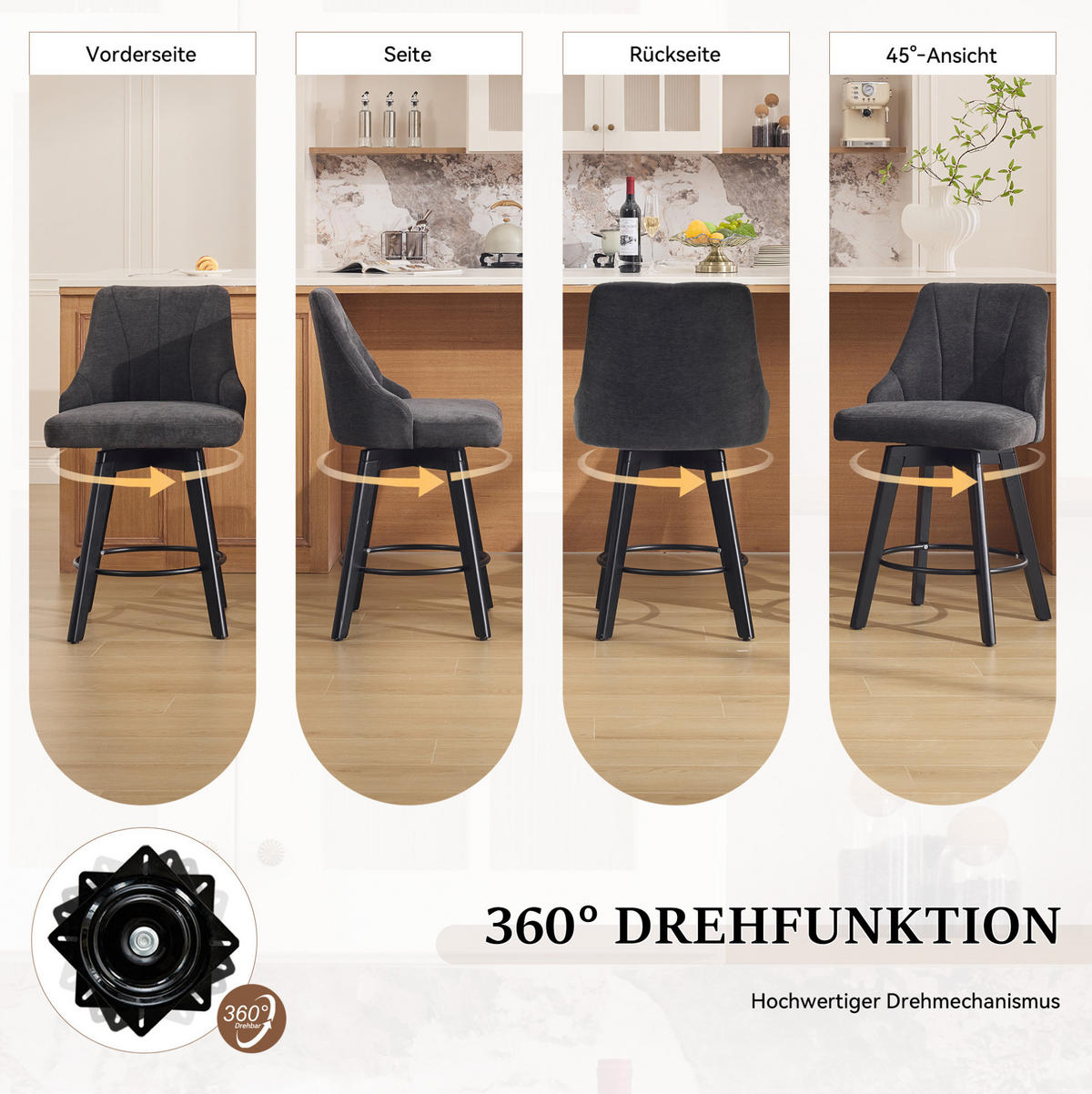 BARHOCKER drehbar mit Rückenlehne 53 x 53,5 x 94,5 cm Grau 2er-Set - Grau, Metall (53/94.5/53.5cm) - Meubliv