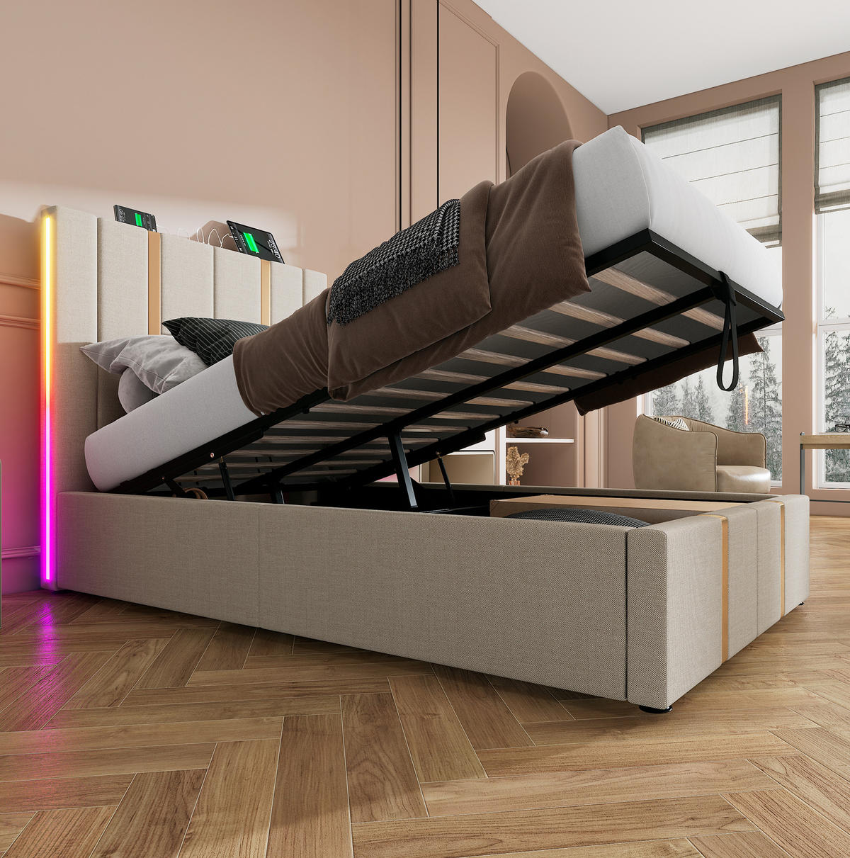 POLSTERBETT 90/200 cm mit Bettkasten, LED-Beleuchtung und gepolstertem Kopfteil - Beige, Textil (90/200cm) - BEAOK