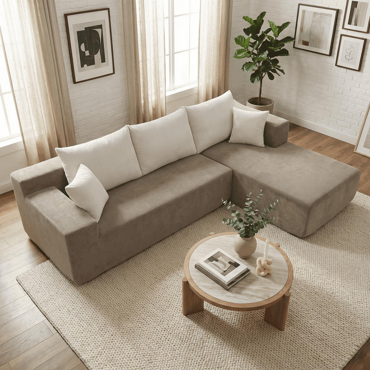 ECKSOFA Luna Sand Weiß 3-Sitzer Rechts - Beige/Weiß, Textil (267/175cm) - COCO Living