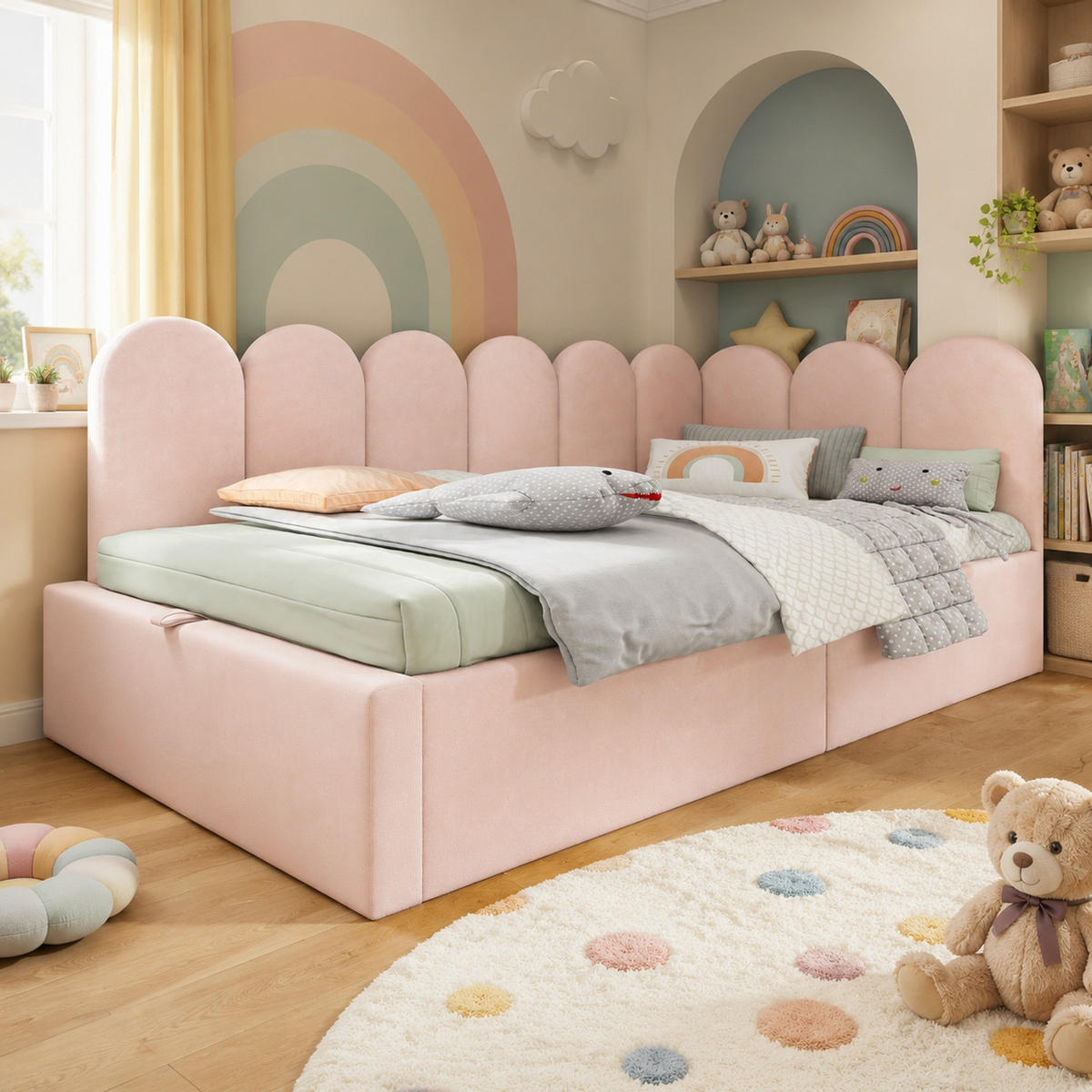 POLSTERBETT 90/200 mit Bettkasten und hydraulischem Stauraum in Rosa - Rosa/Grau, Holzwerkstoff/Textil (90/200cm) - EVRYAE