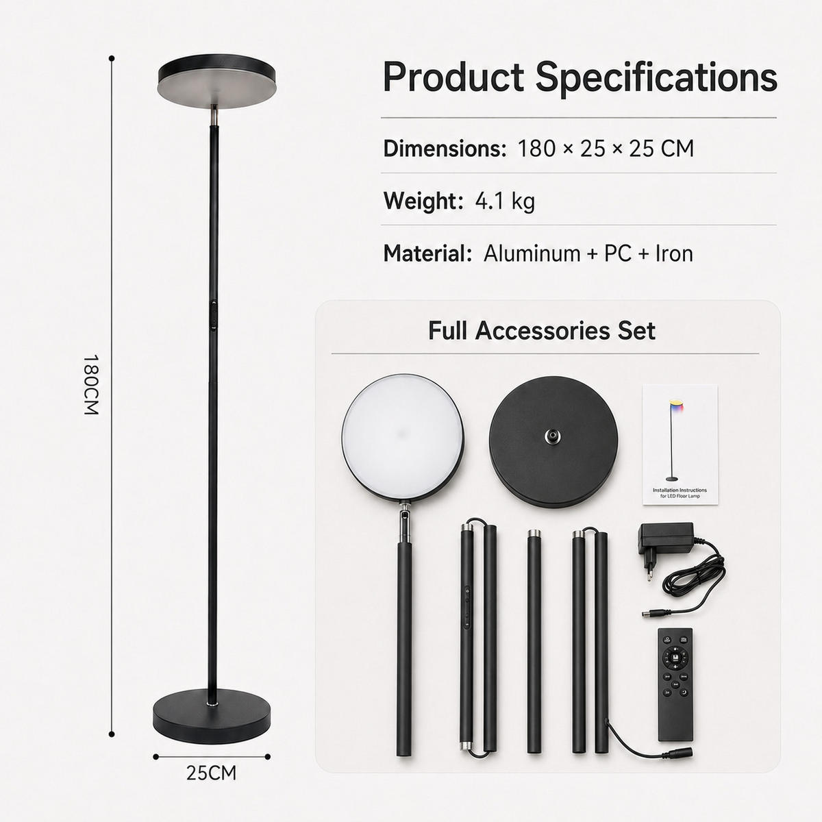 FLURLEUCHTE FL1081 RGB CCT LED 24W mit Fernbedienung - Brombeere, Metall (25/25/180cm) - LOVHAUS