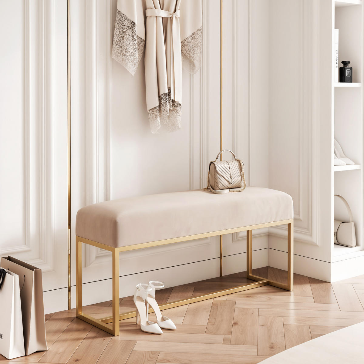 POLSTERBANK MUSE 100 cm Gold / Beige ,Metallgestell - Beige, Metall (100/47/30cm) - Idohome