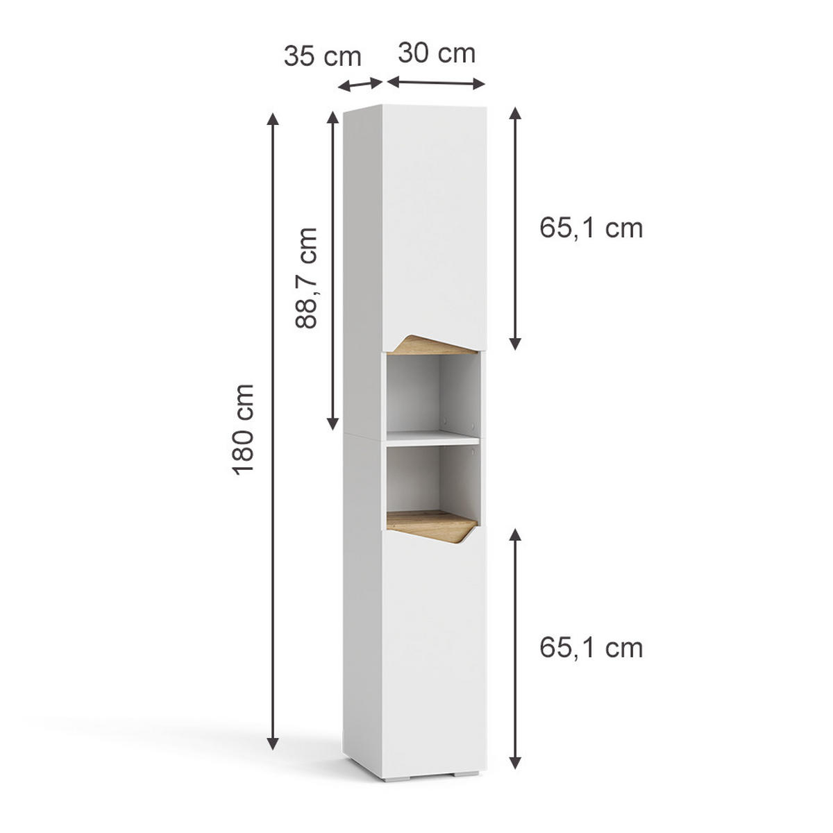 BADSCHRANK Marelle Weiß 30 x 180 cm mit Türen, und offenen Fächern - Weiß, Holzwerkstoff (30/180/35cm) - Vicco