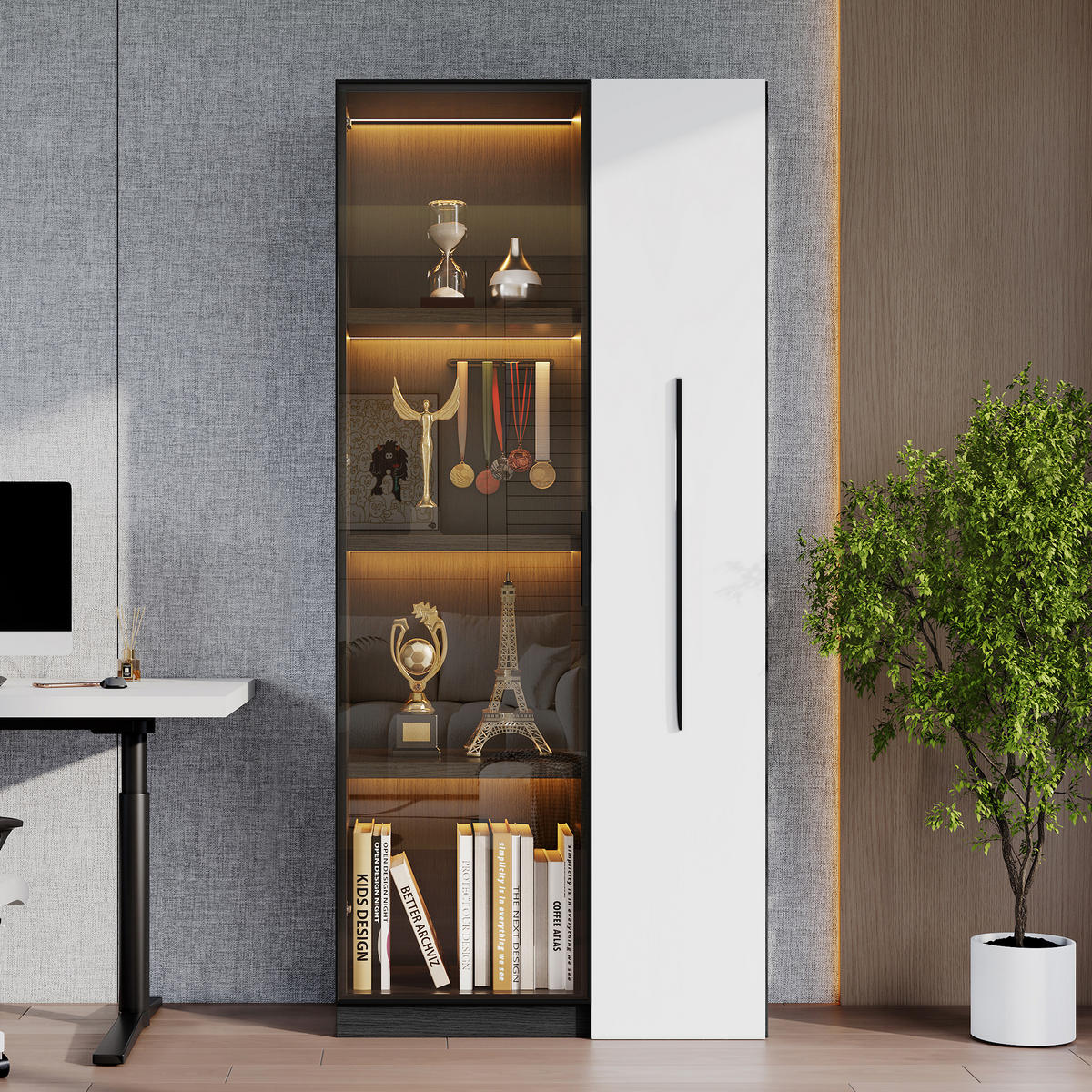 VITRINE 160cm Glas LED Aluminium Rollen modern - Multicolor, Holzwerkstoff (70/160/40cm) - FLIEKS