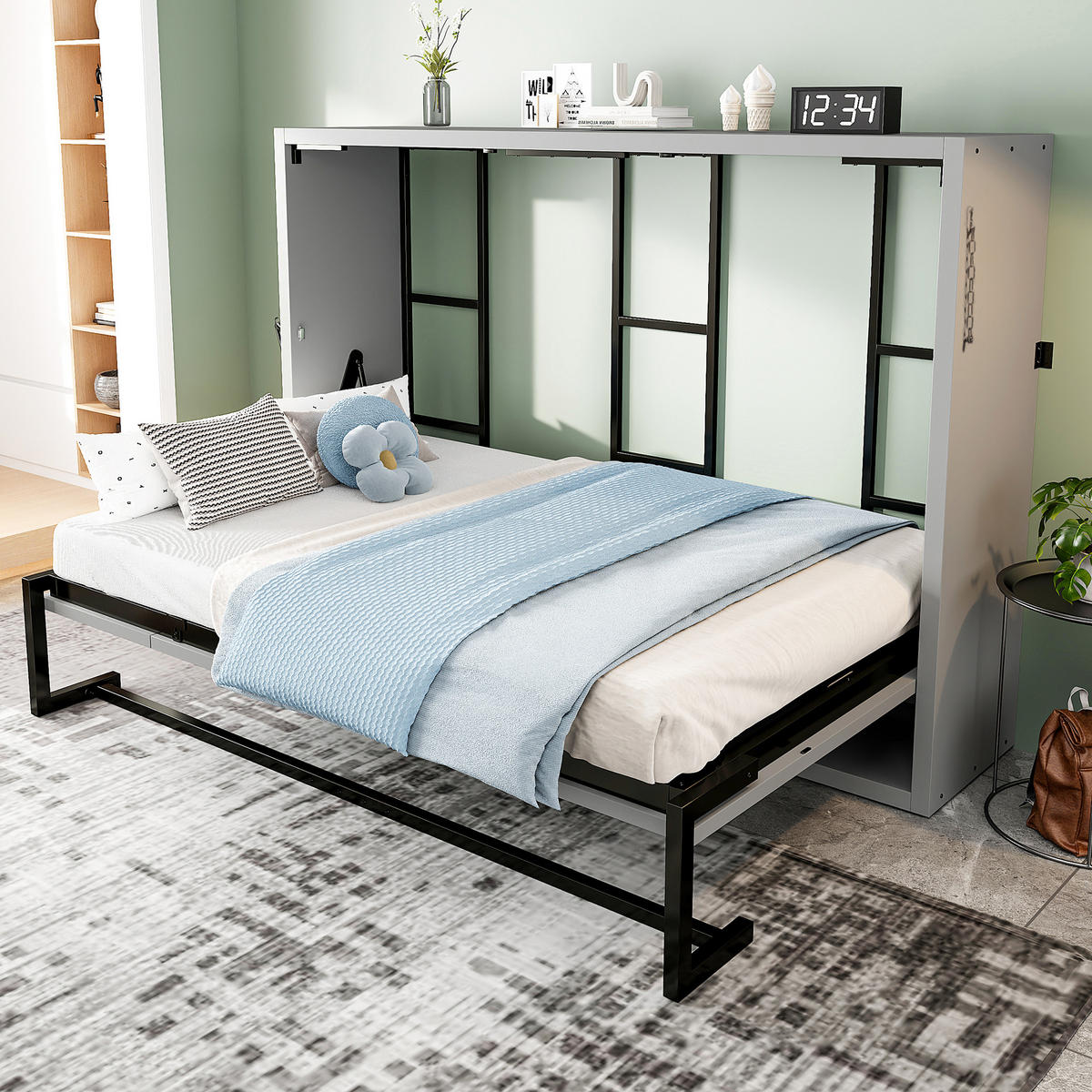KLAPPBETT 140/200 cm in Grau Metall und Holz mit Wandverriegelung - Grau, Holzwerkstoff/Metall (140/200cm) - WISHDOR