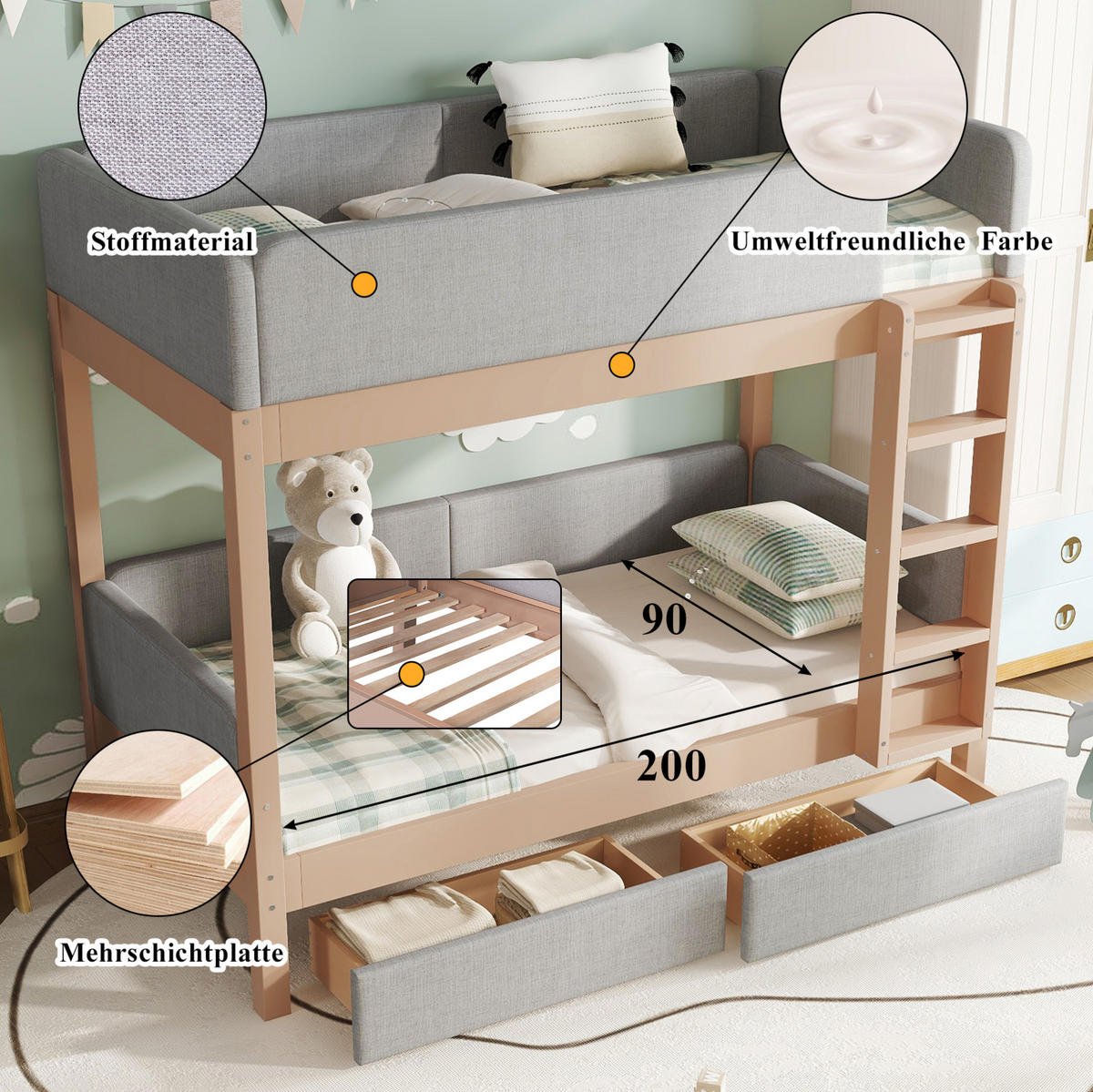 ETAGENBETT 90/200 cm in Grau/Natur mit 2 Schubladen und gerader Treppe - Grau, Holz (90/200cm) - OKMYHOME
