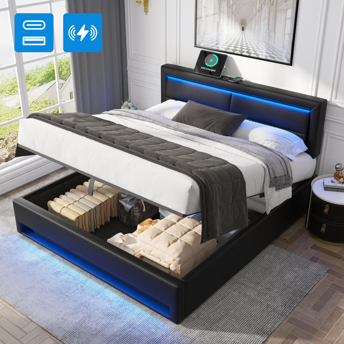POLSTERBETT 140/200 cm mit USB-Ladefunktion, LED-Beleuchtung und Bettkasten, PU in Litschi-Optik, Schwarz - Schwarz, Kunststoff (140/200cm) - Redom