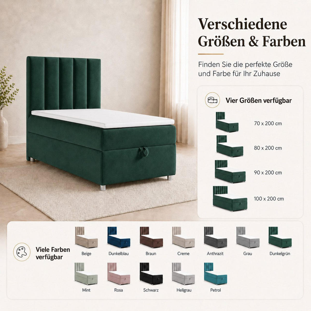 BOXBETT mit Bettkasten Trinity K-10 SINGLE Bonellfederkern inkl. Topper - Grün, Holz/Holzwerkstoff (90/200cm) - Best For Home