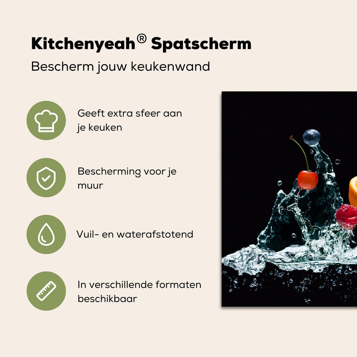 SPRITZSCHUTZ KÜCHE Wasser - Obst - Orange - Erdbeere - Kirsche - Schwarz 80x55 cm - Orange, Metall (80/0.3/55cm) - MuchoWow