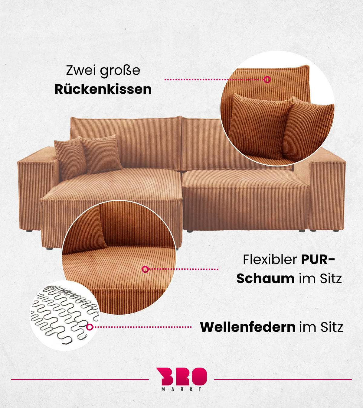 ECKSOFA Pedro mit Schlaffunktion Orange Cord - Orange, Textil (255/153cm) - Bromarkt