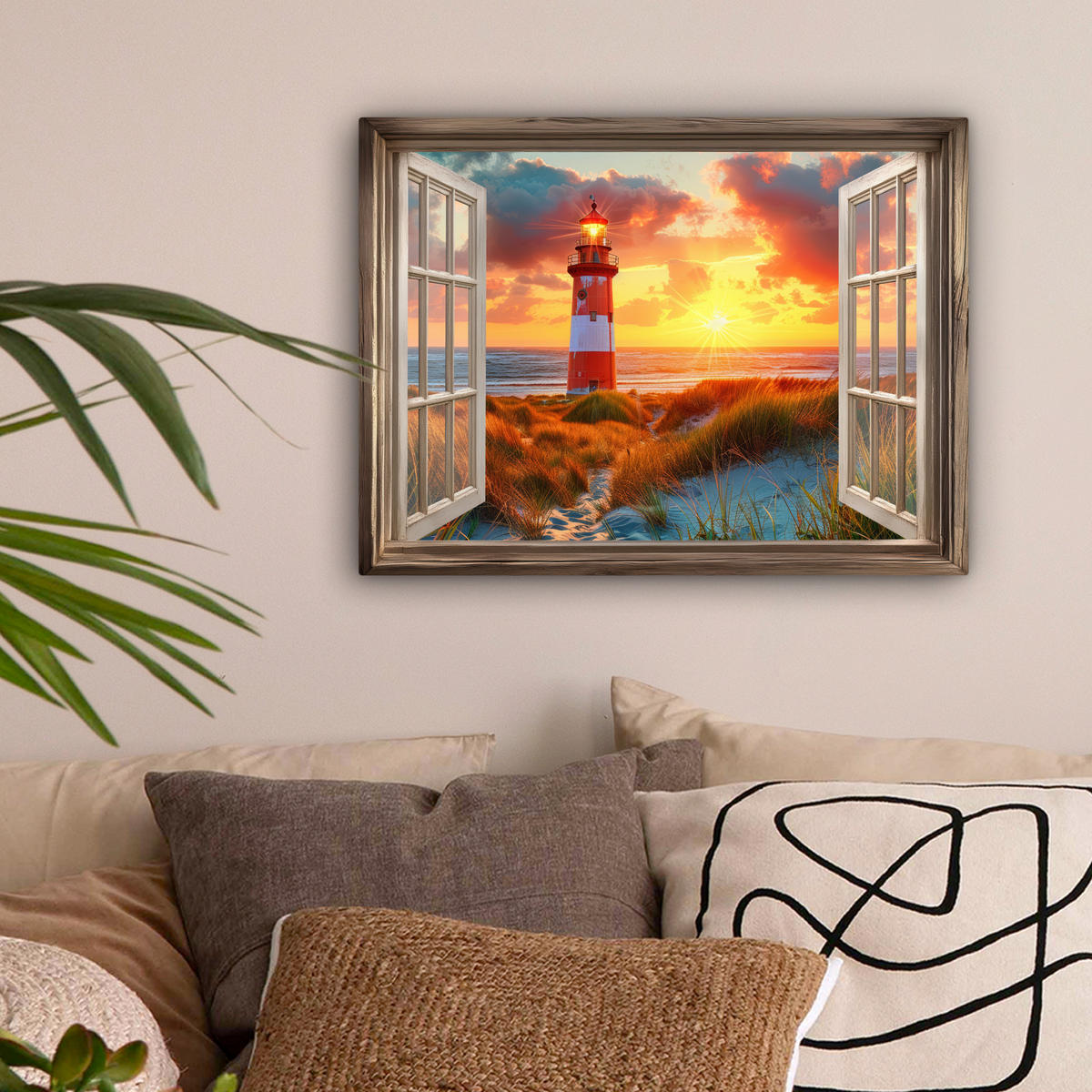 LEINWANDBILD Aussicht - Fenster - Leuchtturm - Sonnenuntergang - Strand Wandbild 40x30 cm - Dunkelorange, Textil (40/30cm) - MuchoWow