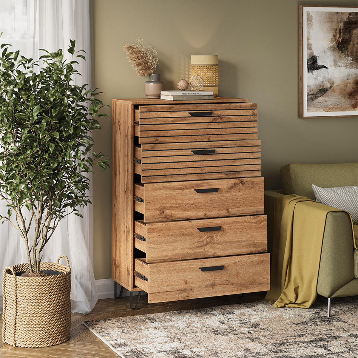 KOMMODE Amber Eiche Wotan 80 x 127.6 cm mit 5 Schubladen - Eiche Wotan, Holzwerkstoff (80/127.6/38cm) - Vicco