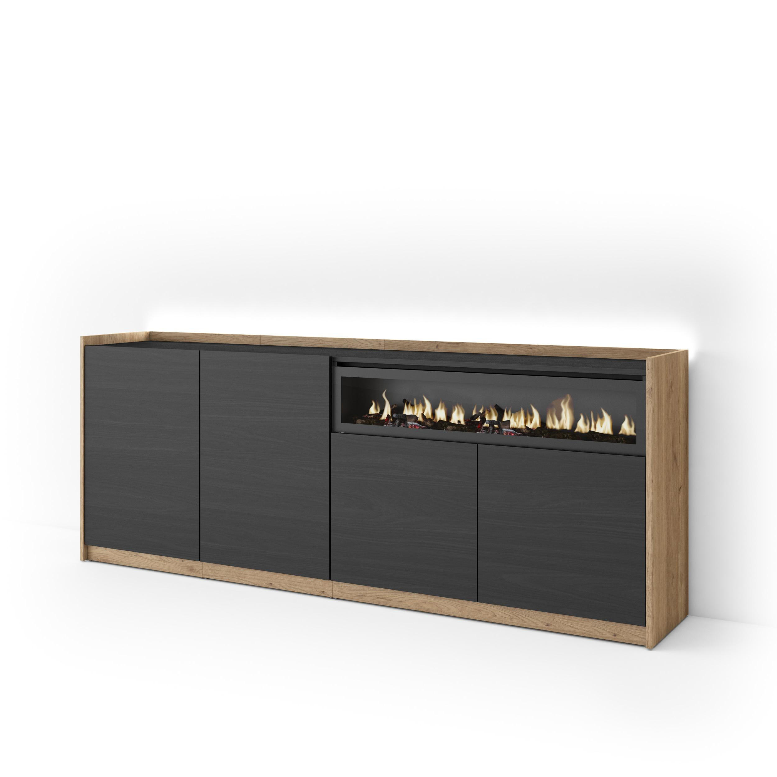 SIDEBOARD, Schwarz und Eiche, 207/37/80cm, Kamin mit Feuereffekt - Schwarz, Holzwerkstoff (207/80/37cm) - Skraut Home