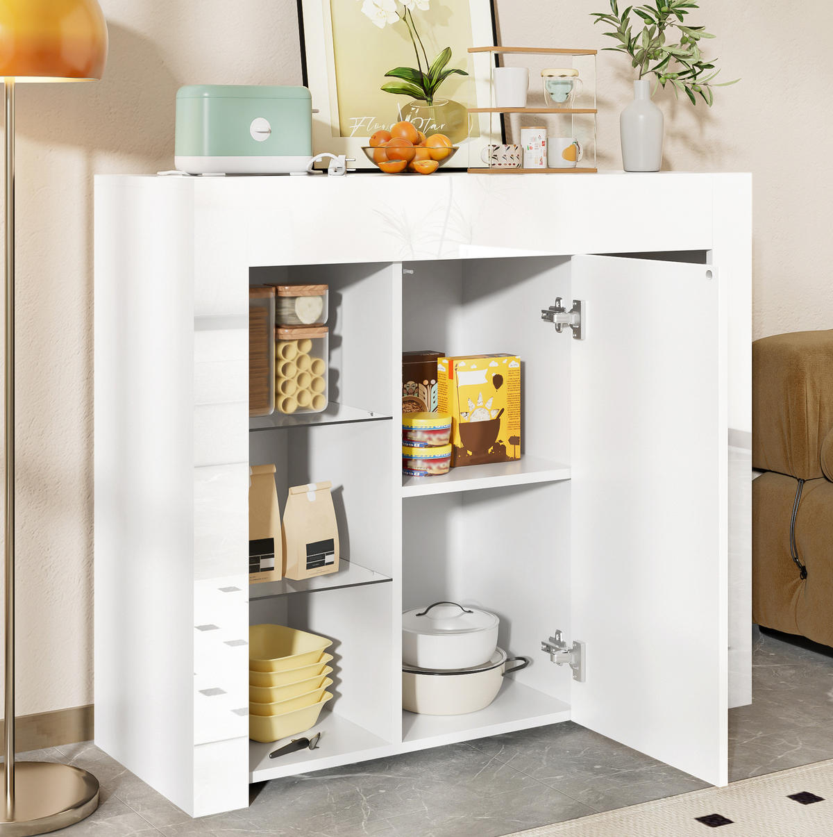SIDEBOARD 95/35/83 cm in Weiß mit Hochglanz-Front & Glasregalen - Weiß, Holzwerkstoff (95/83/35cm) - BEAOK