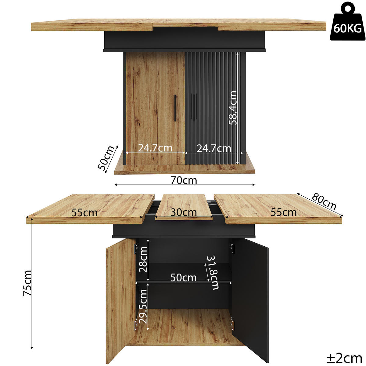 ROZKLÁDACÍ jídelní stůl 110-140/80/75 cm s bočním výsuvem, úložným prostorem a nastavitelnými policemi, Černá / Přírodní - černá, kompozitní dřevo (110/80/75cm) - Redom