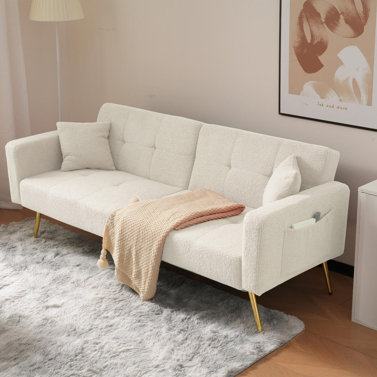SCHLAFSOFA Lammwollstoff mit Seitentaschen verstellbar 105/138/180 Grad Weiß 175/64/72 cm - Weiß, Textil (64/72/175cm) - Redom