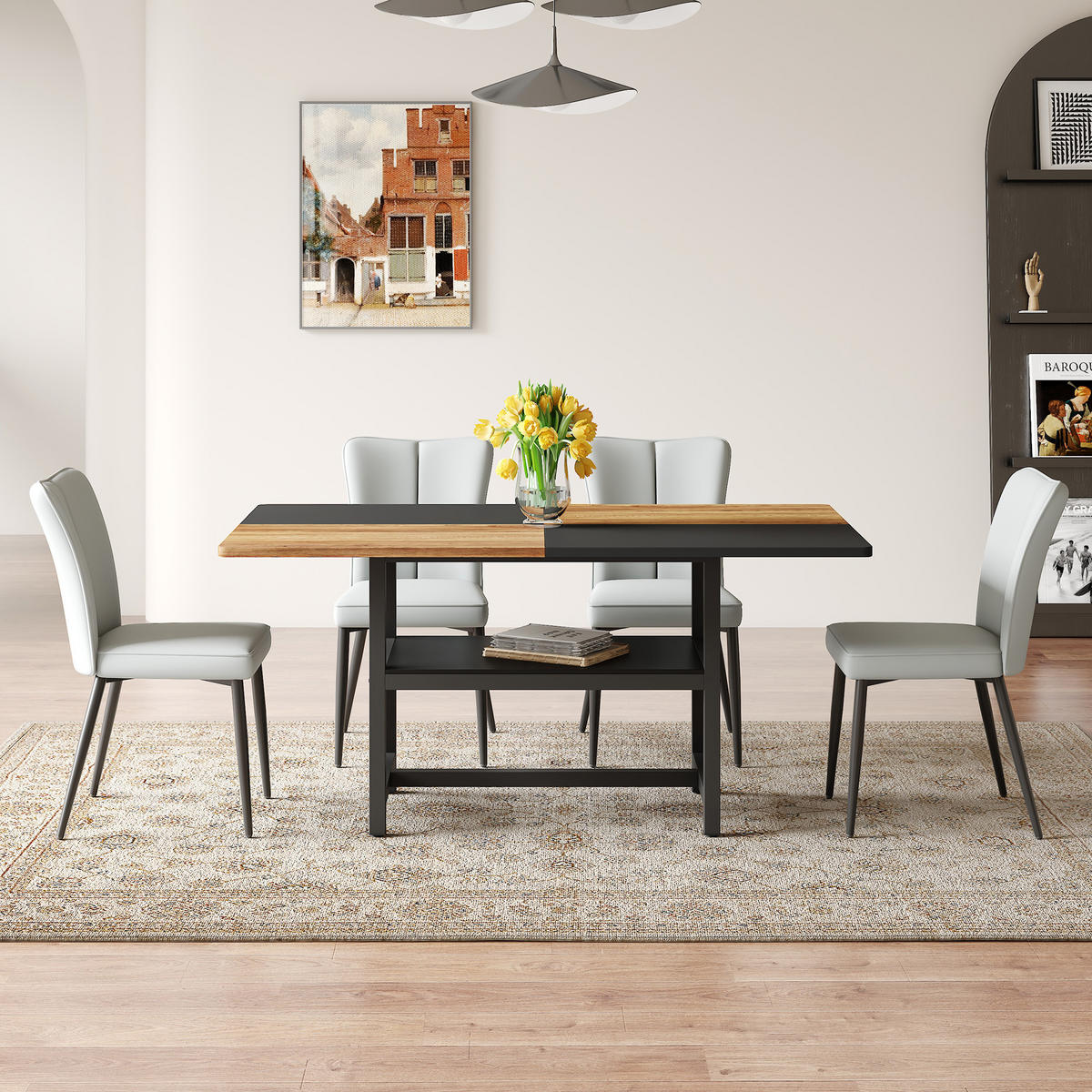 ESSGRUPPE DE-39364 5-teilig, mit 4 PU-Sesseln Hellgrau - Hellgrau, Holzwerkstoff (160/76/90cm) - ComfortXL