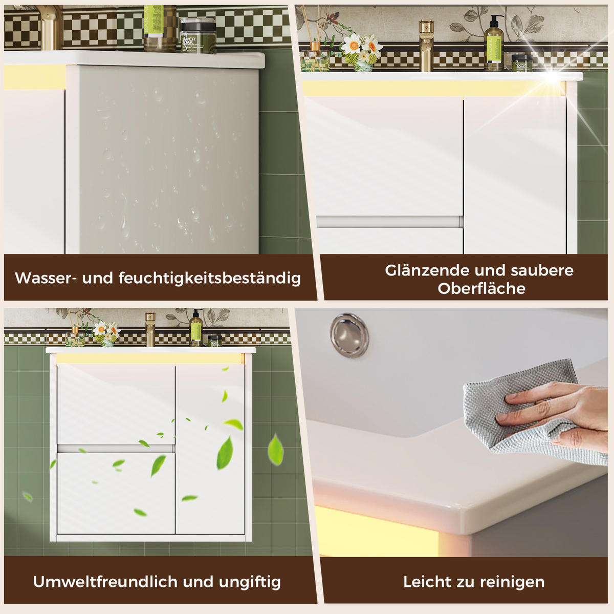 WANDWASCHTISCH aus MDF und Keramik 61x46,5x57 cm Weiß mit LED-Radarsensorleuchte und Soft-Close - Weiß, Keramik (61/57/46.5cm) - Modfu