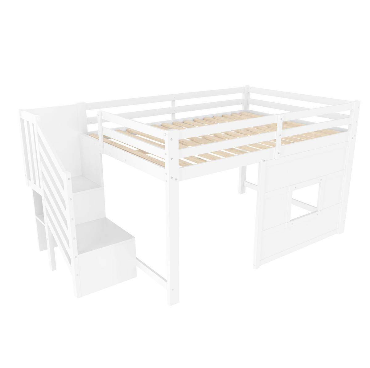 HOCHBETT aus Kiefer, MDF und Sperrholz 140x200 cm Weiß mit Stauraumtreppe, Fenster und LED-Beleuchtung - Weiß, Holzwerkstoff (90/200cm) - Modfu