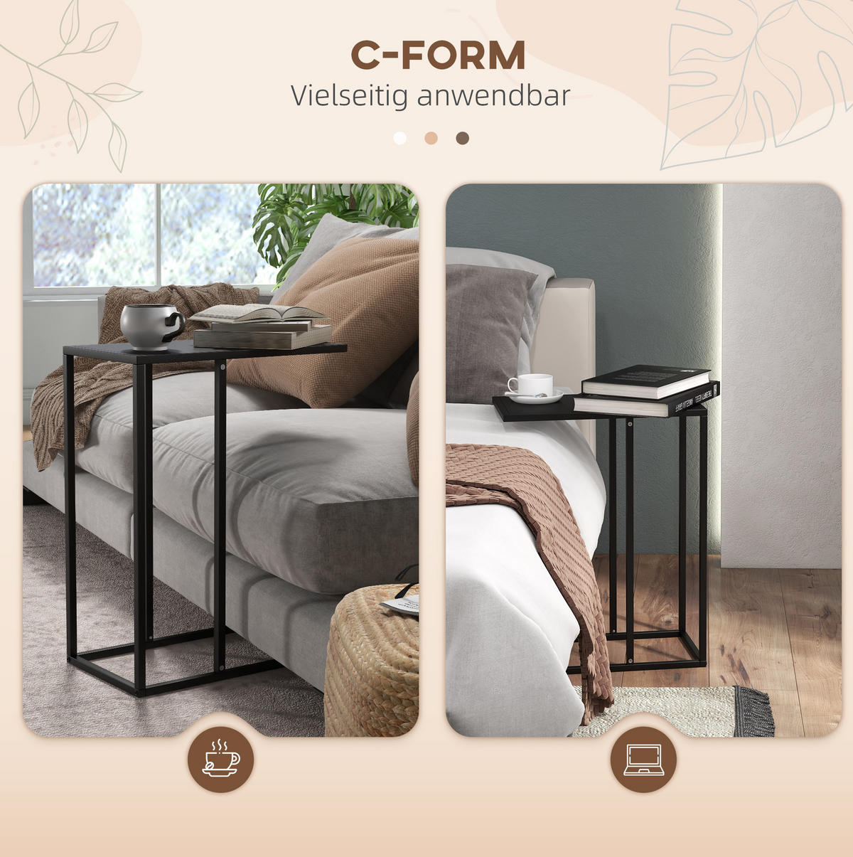 BEISTELLTISCH 46/26/60 cm Schwarz mit C-Form und Stahlgestell - Schwarz, Metall (26/46/60cm) - OKWISH