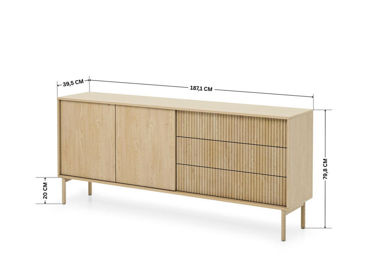 SIDEBOARD TAVO 187 cm Eiche Cremona - mit 2 Türen (links) und 3 Schubladen (rechts) - Eichefarben, Holz/Holzwerkstoff (187/80/39cm) - Ravio