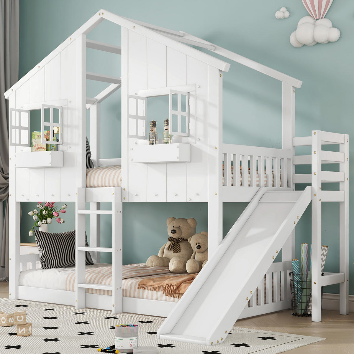 HAUSBETT 90/200 cm mit Rutsche und Dach – Weiß/Natur aus Kiefer und MDF - Weiß, Holz (90/200cm) - BEAOK