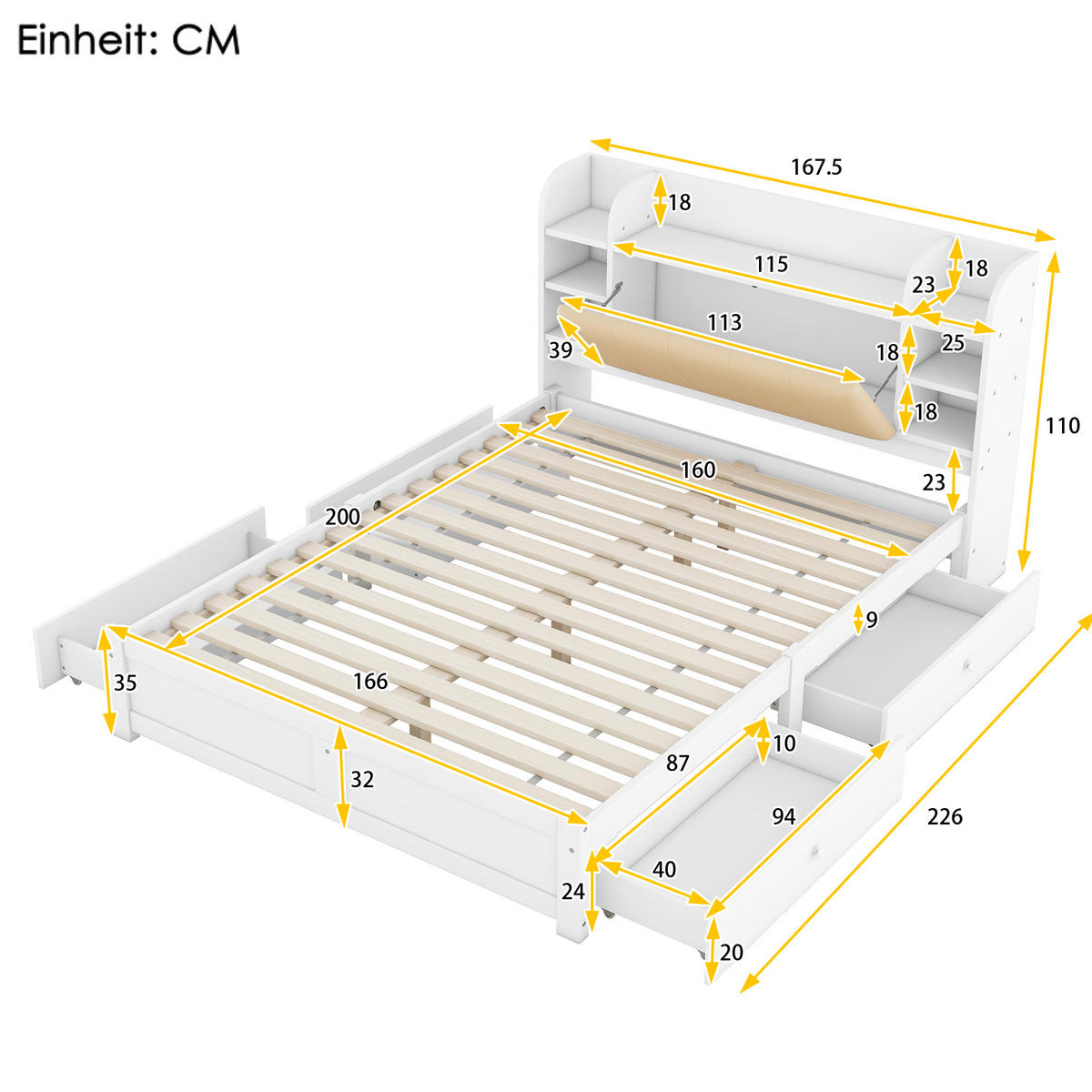 BETT 160/200 cm weiß mit vier Schubladen und aufklappbarem Kopfteil - Weiß, Holz (160/200cm) - OKWISH