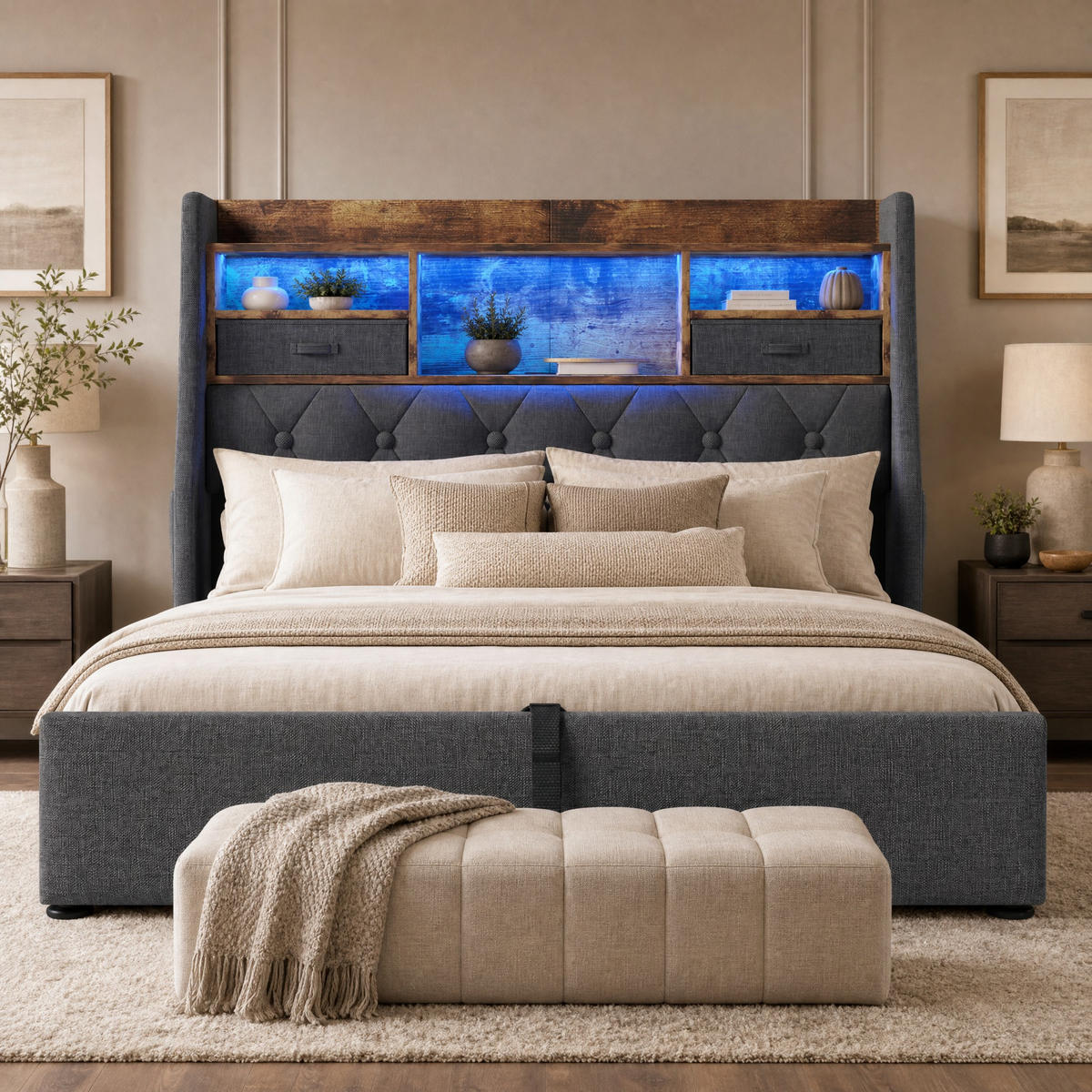 POLSTERBETT 140/200 mit Bettkasten, LED und USB in Grau - Grau, Holzwerkstoff/Textil (140/200cm) - EVRYAE