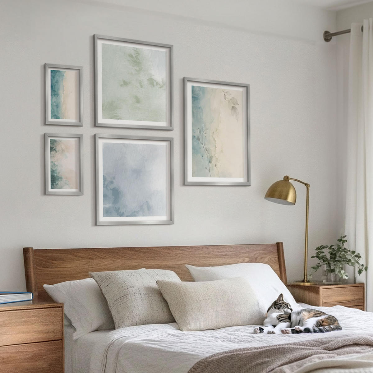 BILDER SET 5er Set - 50x50 cm & 20x30 cm & 40x60 cm Silberner Rahmen - Aquarell-Leinwandstil - Silberfarben, Kunststoff (40/60cm) - TULUP