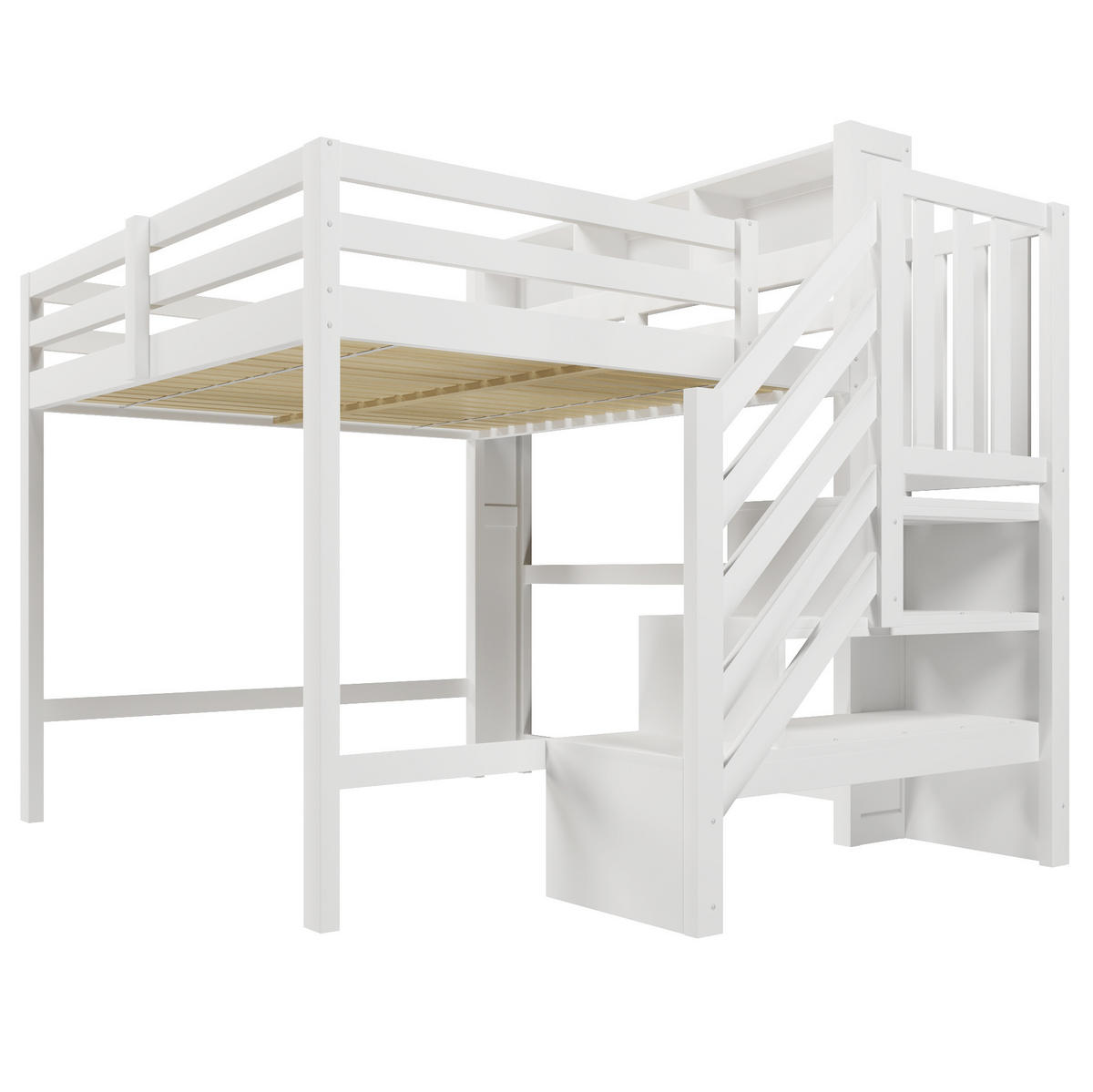 HOCHBETT 140/200 cm Weiß mit LED und Stauraumtreppe ohne Matratze - Weiß, Holz (140/200cm) - MIVRAY