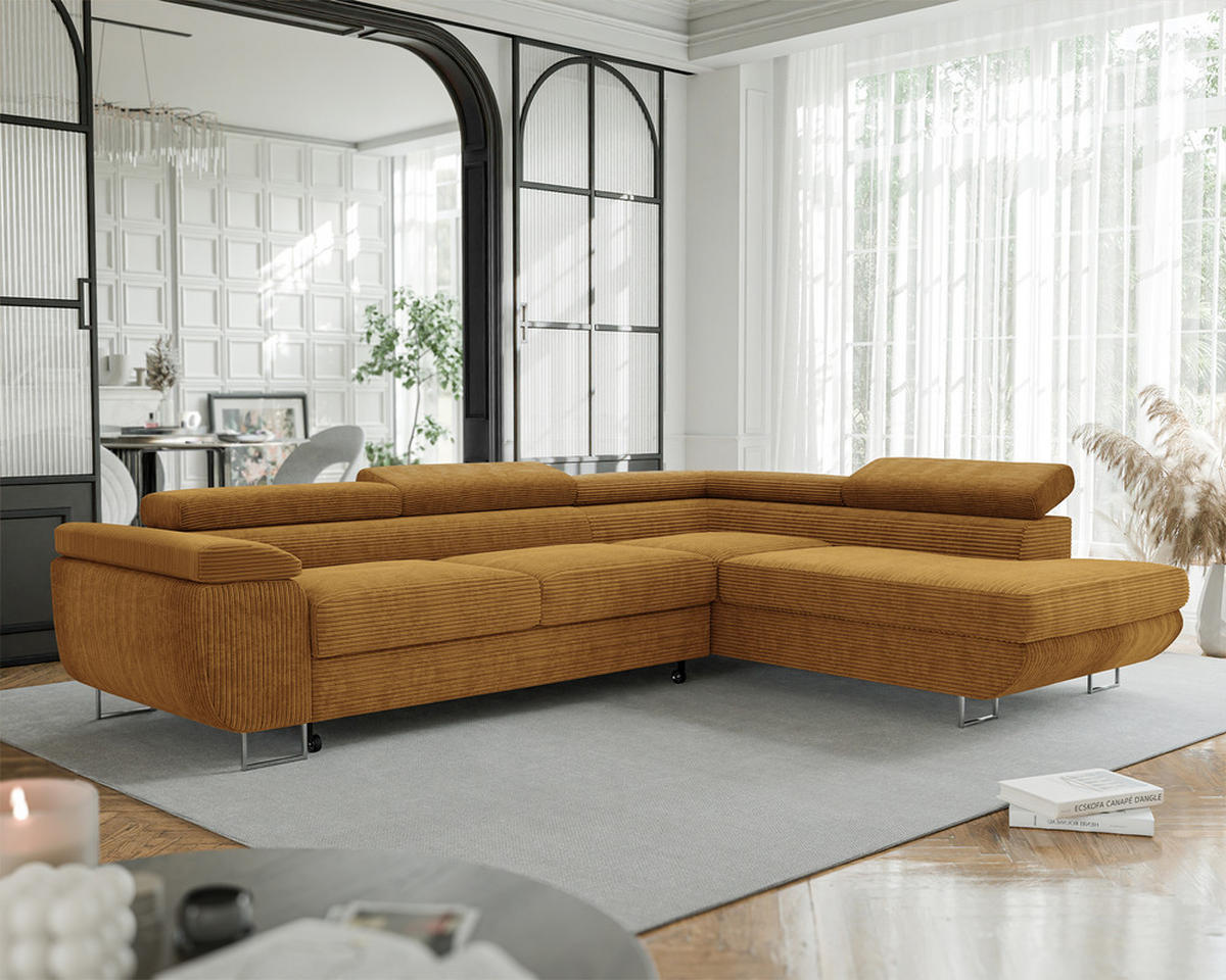 ECKSOFA ANTON mit Schlaffunktion und Bettkasten Senfgelb - Currygelb, Holzwerkstoff/Kunststoff (274/203cm) - Idohome