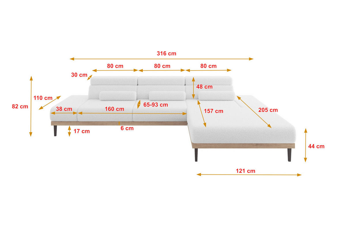 ELEKTRISCHES ECKSOFA Rechts MONA 316x205x85 Weiß Bouclé - Weiß, Holzwerkstoff/Textil (316/205cm) - ALTDECOR