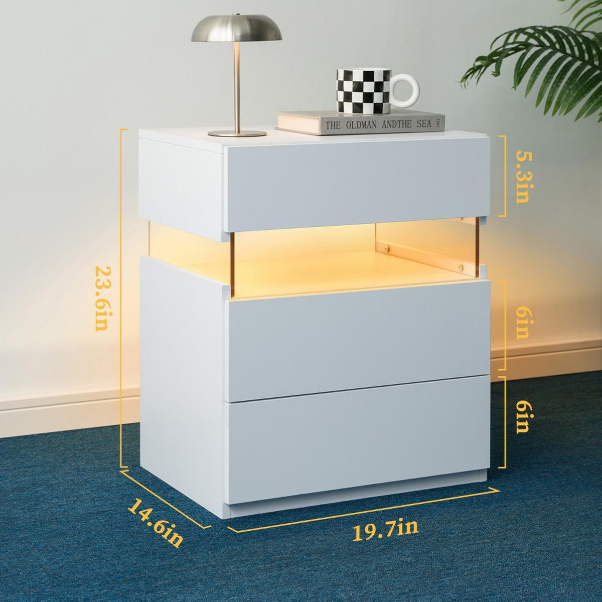 NACHTSCHRANK LED 3 Drawer Weiß - Weiß, Holzwerkstoff (38/61/48cm)