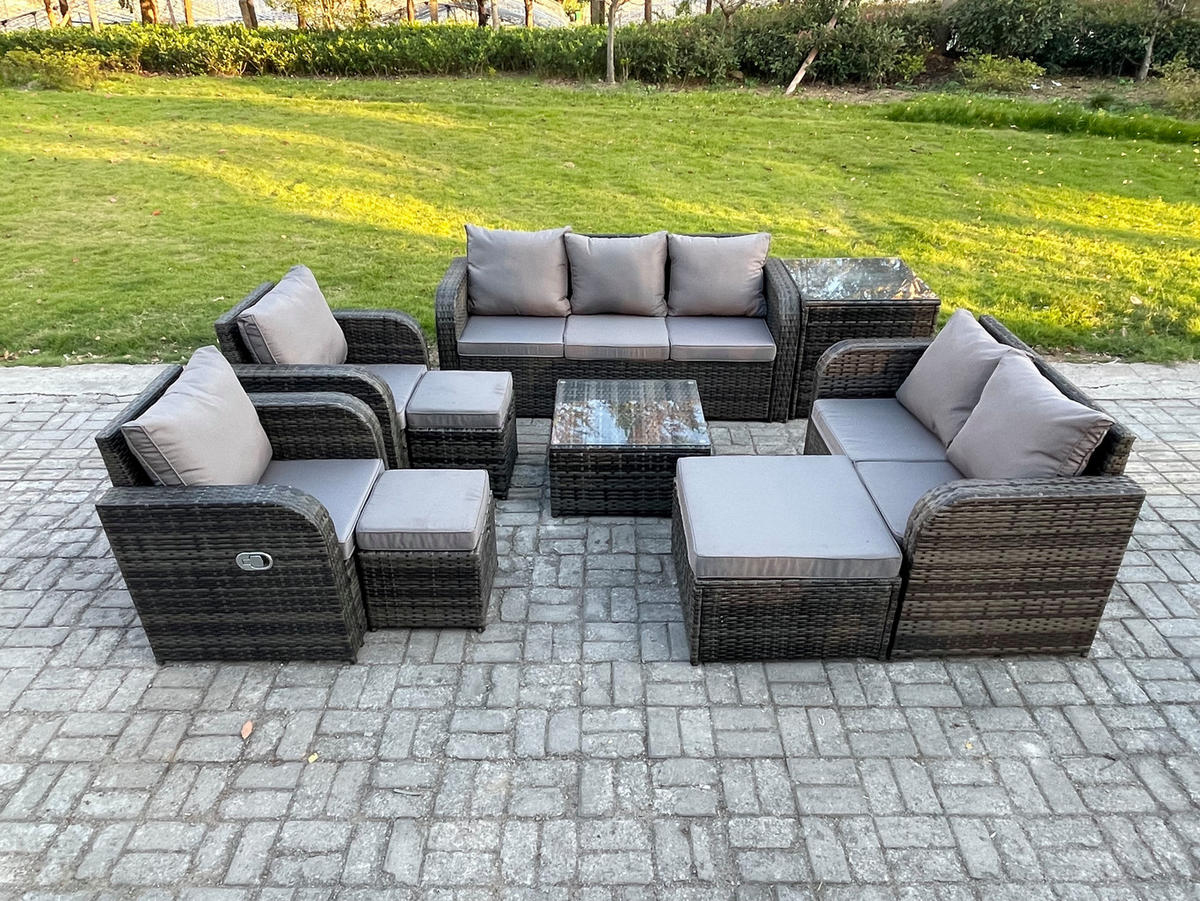 GARTENSOFA SET mit Couchtisch Polyrattan Dunkelgrau 9-teilige - Dunkelgrau/Grau, Glas/Kunststoff - Fimous