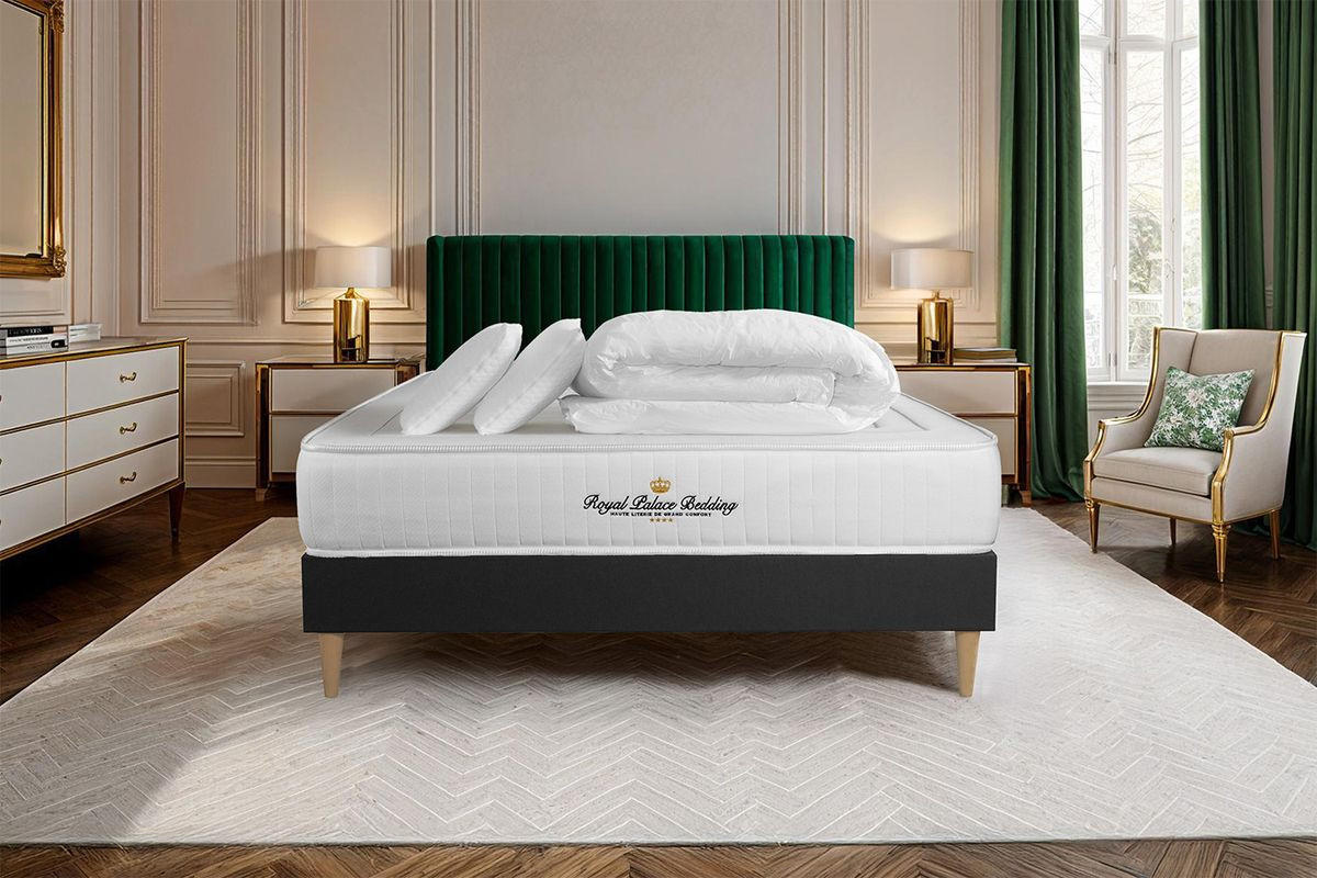 BETT Lancaster Taschenfederkern und Memory-Schaum 200 x 200 cm h3 - Kit Bettgestell Schwarz - Mit Kissen und Bettdecke - Beige/Schwarz, Karton/Holz (200/200cm) - ROYAL PALACE BEDDING