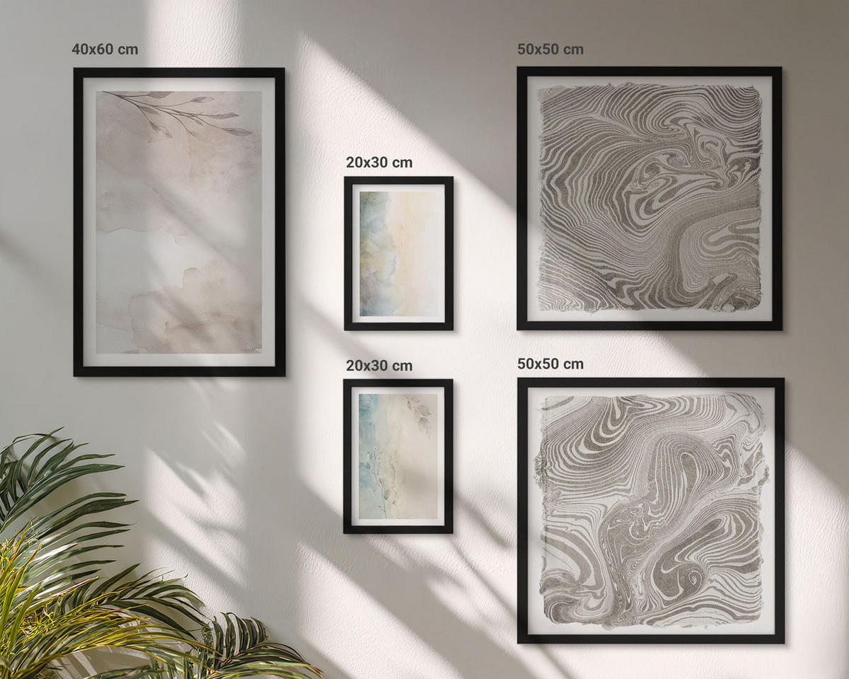 BILDER SET 5er Set - 50x50 cm & 20x30 cm & 40x60 cm Schwarzer Rahmen - Zarte Aquarellkartons - Schwarz, Kunststoff (40/60cm) - TULUP