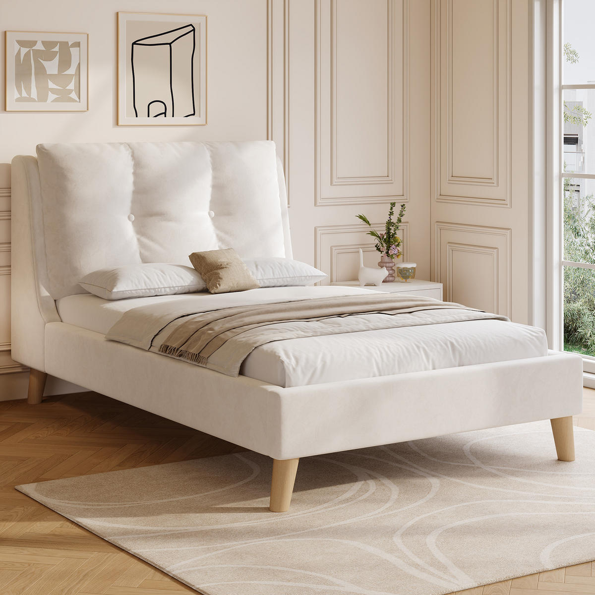 POLSTERBETT 90/200 cm beige aus Samt mit höhenverstellbarem Kopfteil - Beige, Textil (90/200cm) - OKWISH