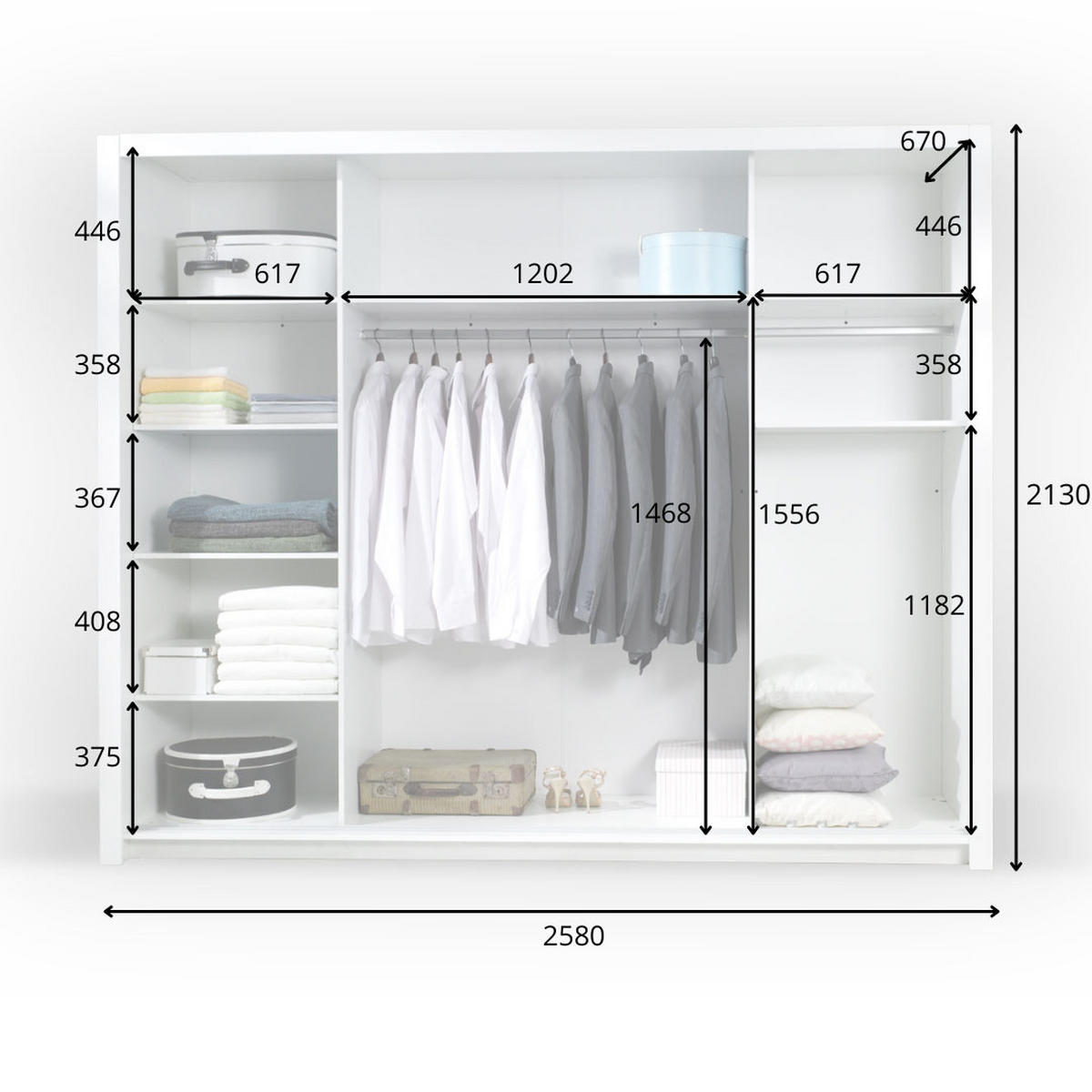 SCHIEBETÜRENSCHRANK Panarea weiß Hochglanz 258 / 67 / 213cm - Weiß Hochglanz/Weiß, Holzwerkstoff/Metall (258/213/67cm) - Feldmann-Wohnen