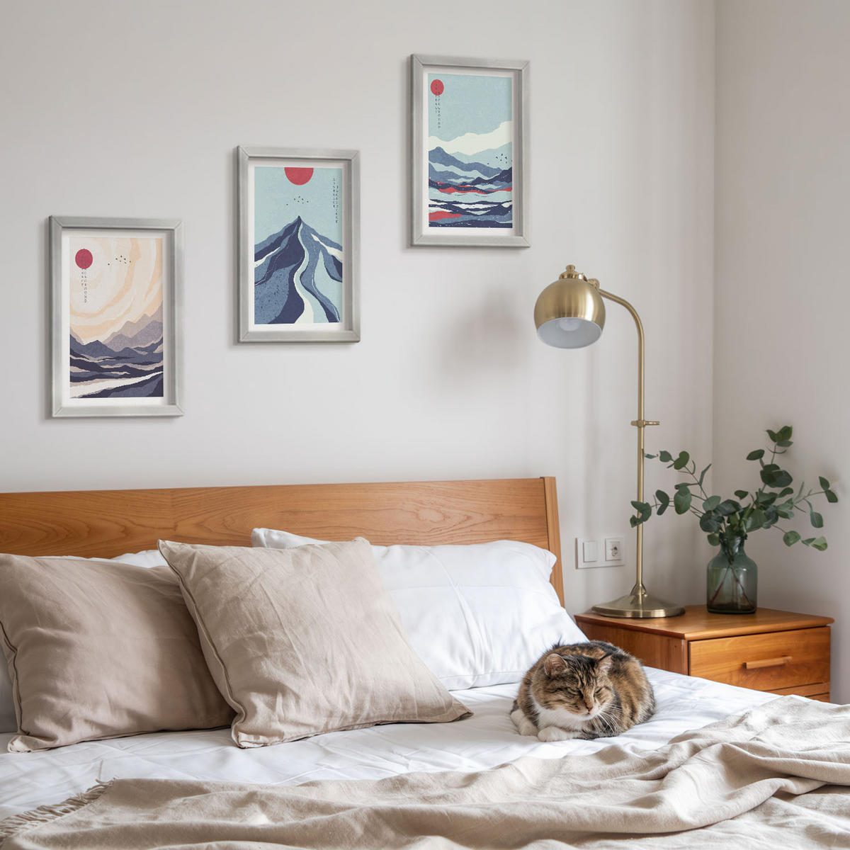 WANDBILDER 3er Set - 20x30 cm Silberner Rahmen - Abstrakte japanische Berge - Silberfarben, Kunststoff (20/30cm) - ArtPrintCave