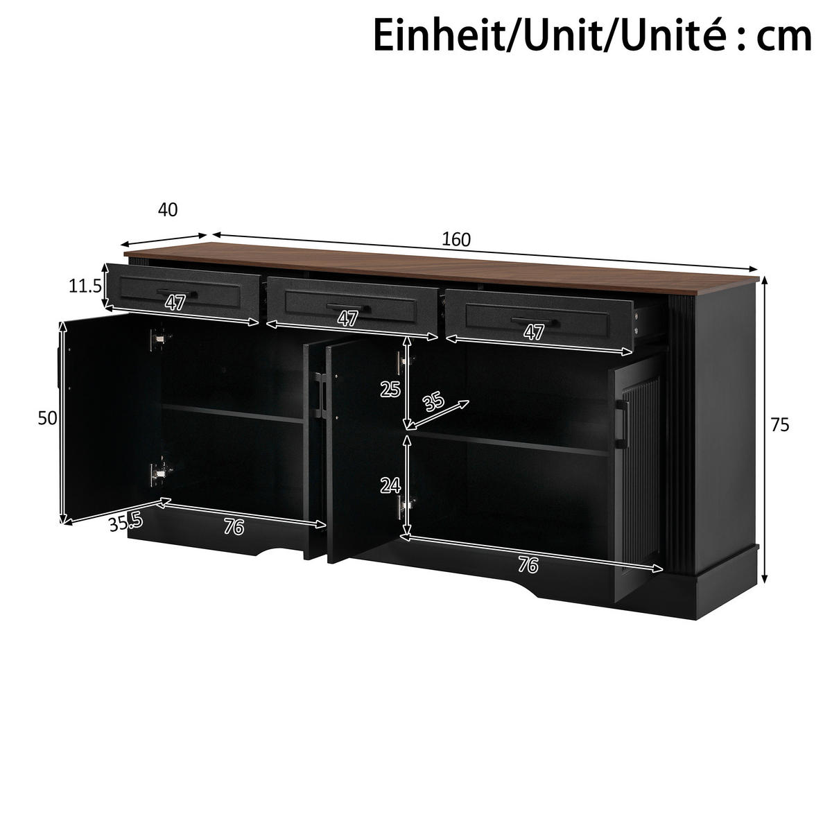 SIDEBOARD 3D Streifen MDF 3 Schubladen 4 Türen Modern Weiß - Schwarz, Holzwerkstoff (160/75/40cm) - FLIEKS