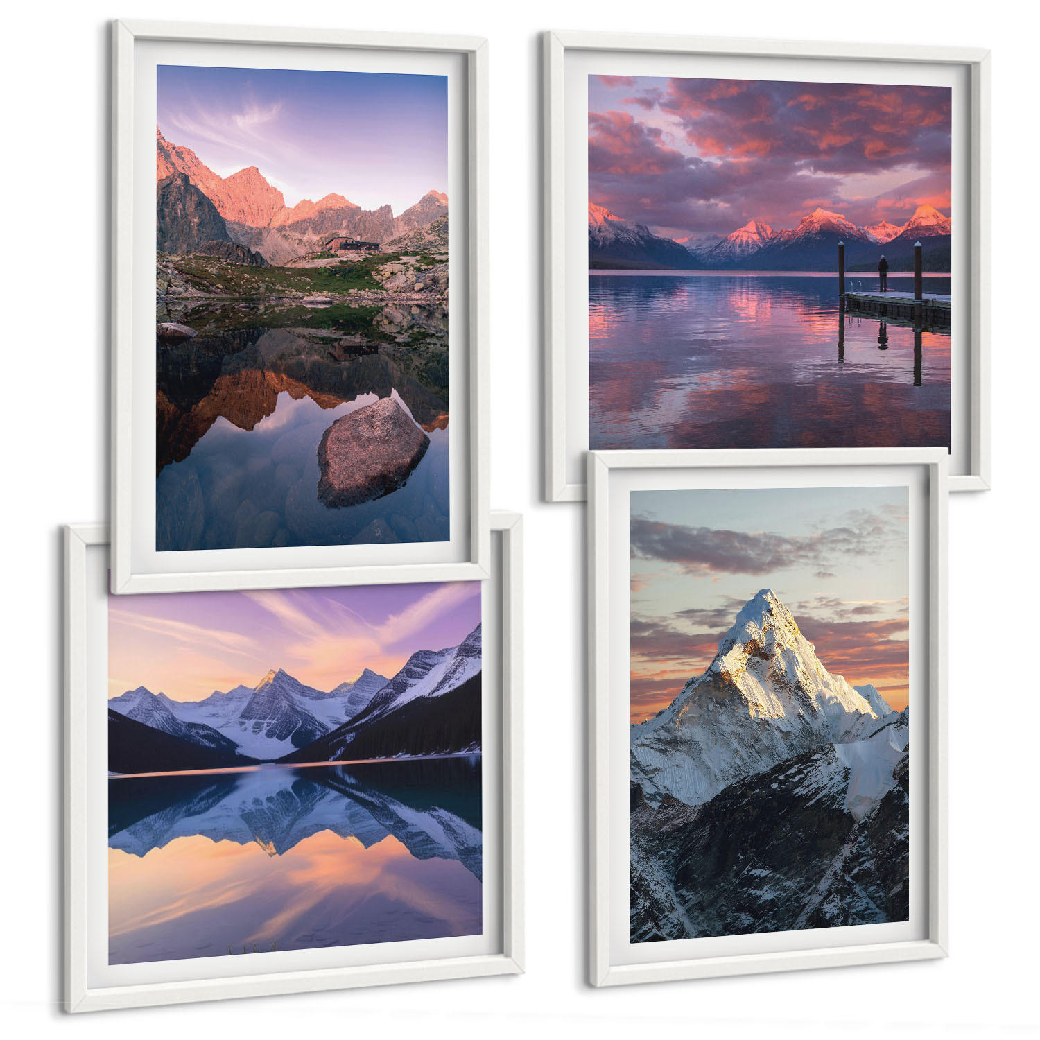 BILDER SET 4er Set - 50x50 cm & 40x60 cm Weißer Rahmen - Berglandschaften im Hintergrund - Weiß, Kunststoff (50/50cm) - TULUP