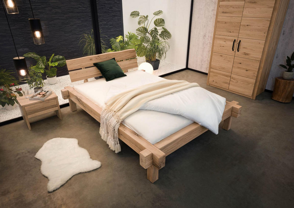 BETT Massivholz Wildeiche 160 x 200 x 85 beige BALKENMÖBEL #111 - Beige, Holz (160/200cm) - Massivmoebel24