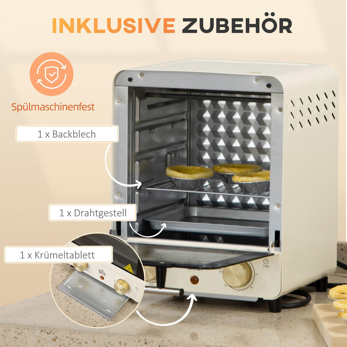 MINIBACKOFEN Eisen Edelstahl gehärtetes Glas Cremeweiß - Creme, Metall (25.5/27.5/32cm) - HOMCOM