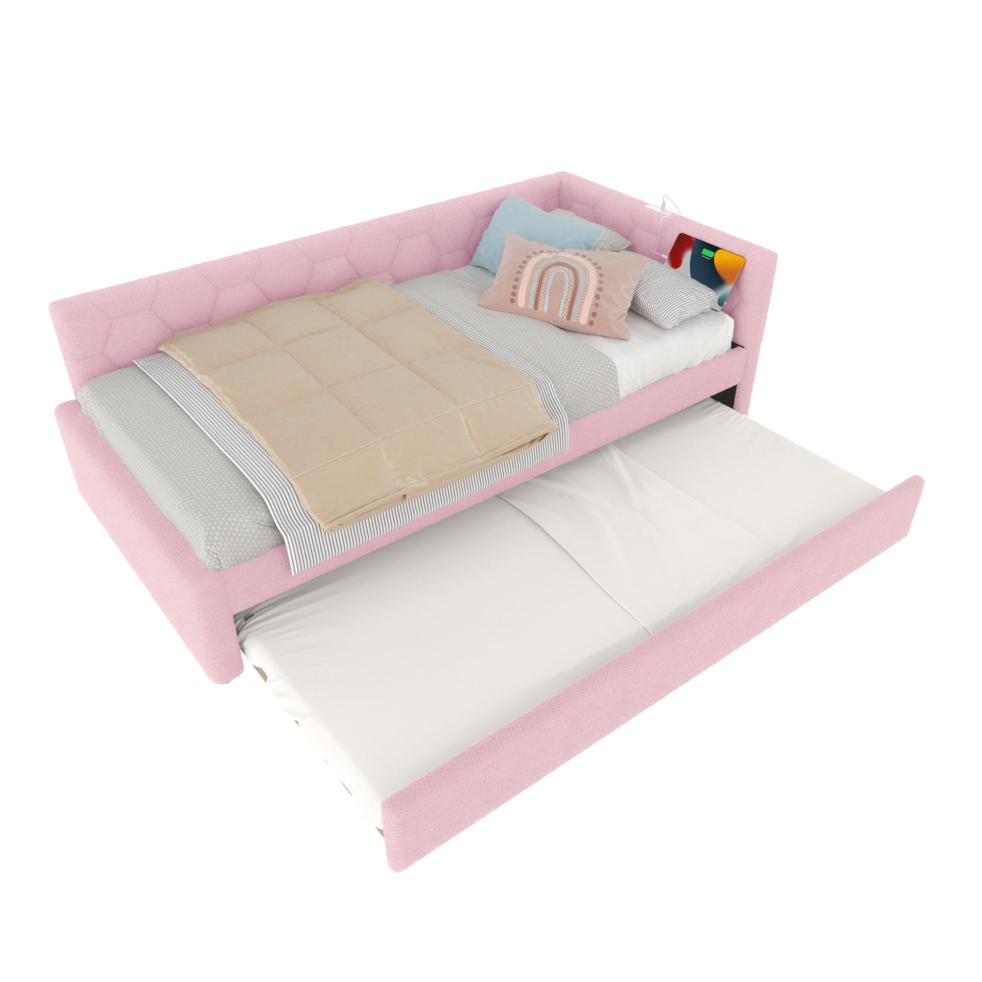 WISHDOR ROZKLÁDACÍ POHOVKA 90/200 cm & 89,5/188 cm v růžovém buklé s výsuvným lůžkem, USB, Type-C a lampičkou na čtení