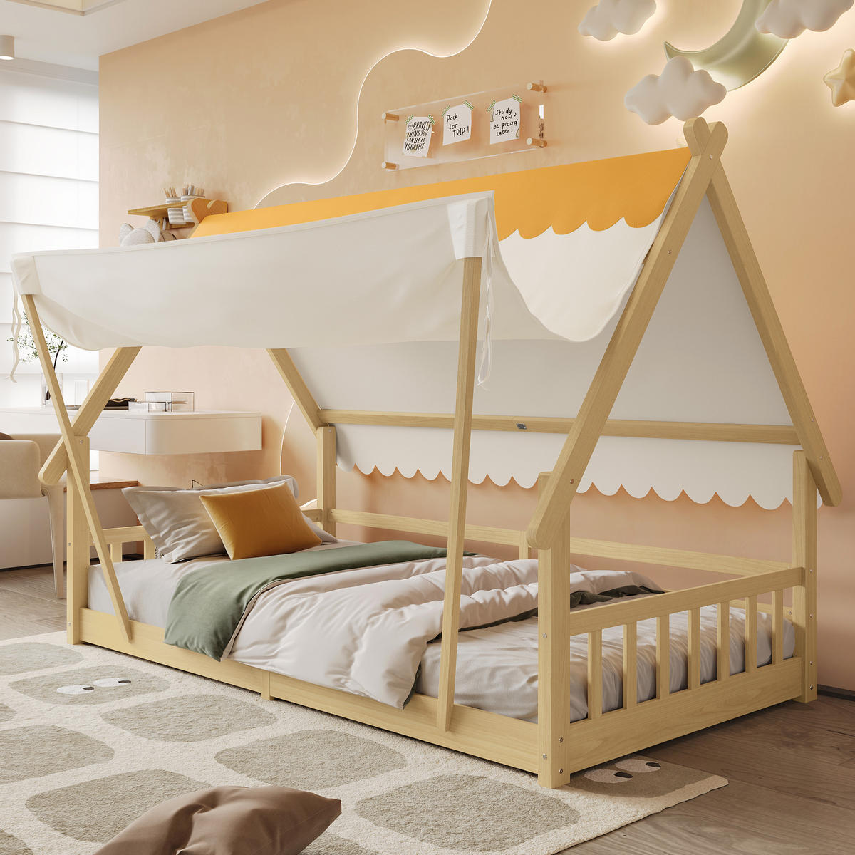 KINDERBETT 90/200 cm Exquisites Holzhausdesign mit abnehmbarem Zelt aus Fichte - Weiß, Holz (90/200cm) - OKWISH