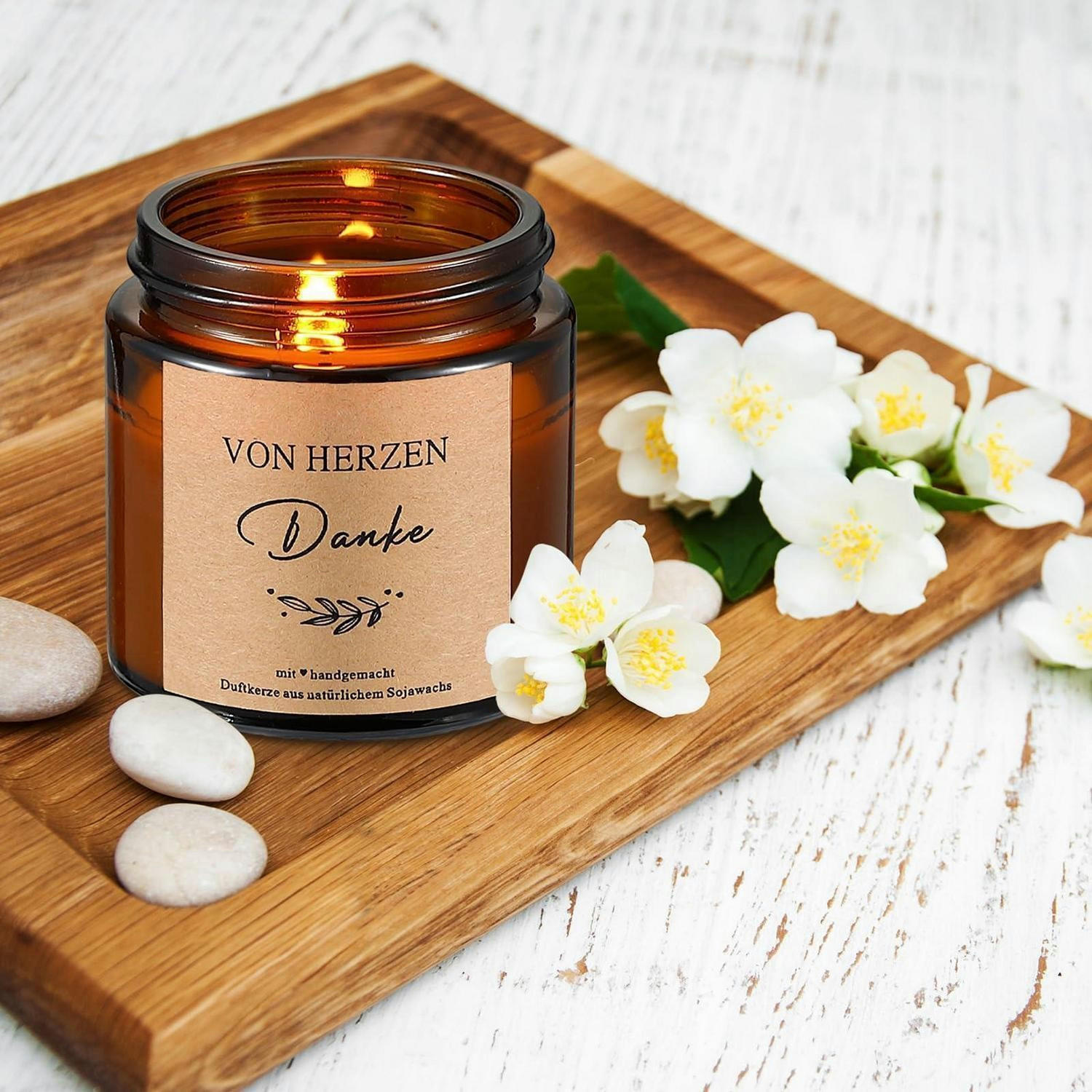 DUFTKERZE Set Jasmin Sojawachs mit Dankeskarte - Braun, Paraffin (9cm)